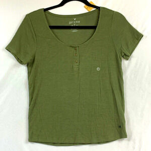 American Eagle Top Womens Jr Large Green Short Sleeve Scoop‎ Neck Knit Soft Sexy